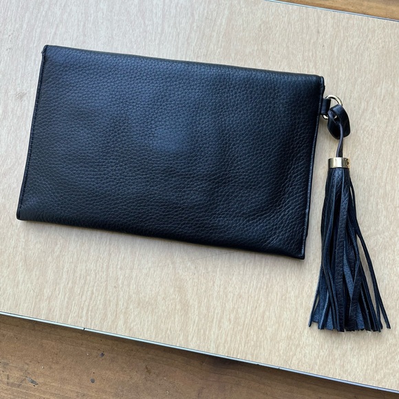 Isaac Mizrahi Black Pebbled Leather Envelope Clutch With Tassel NWOT - Picture 2 of 14